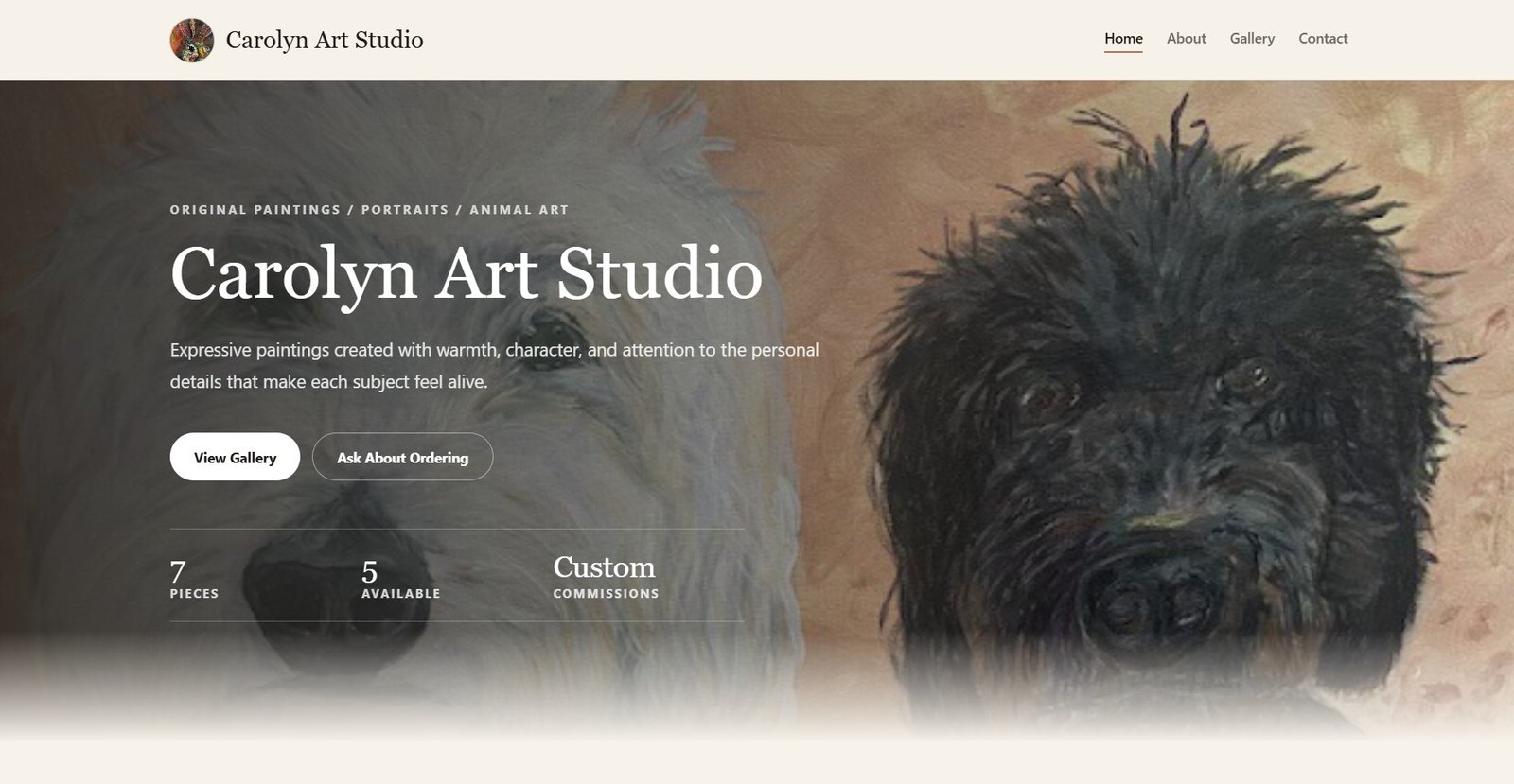 Stylized website showcase visual for an artist portfolio with gallery and biography sections.