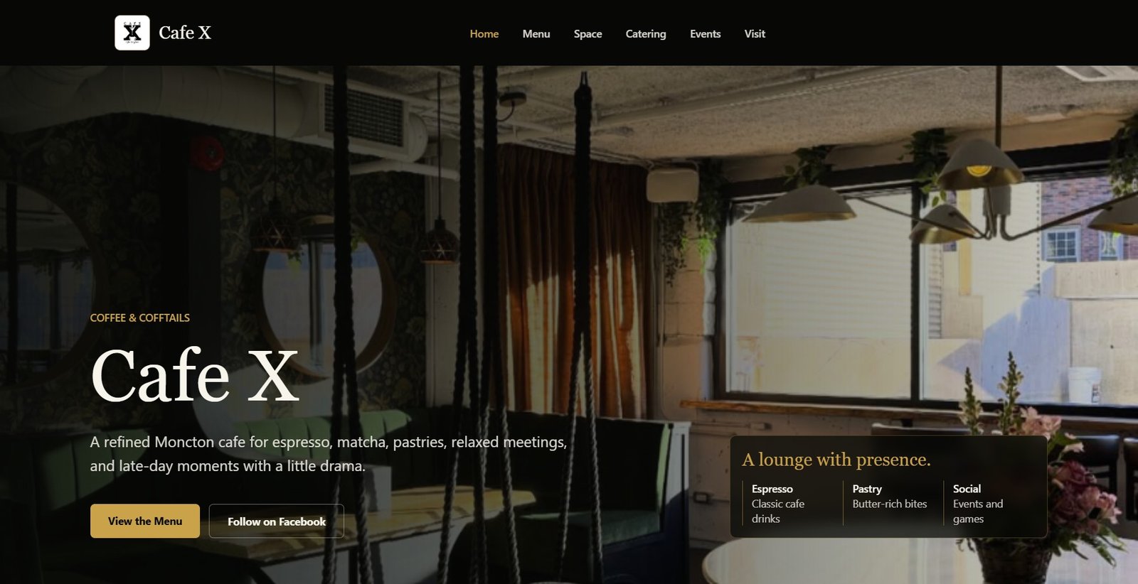 Stylized website showcase visual for a cafe homepage with menu and location sections.